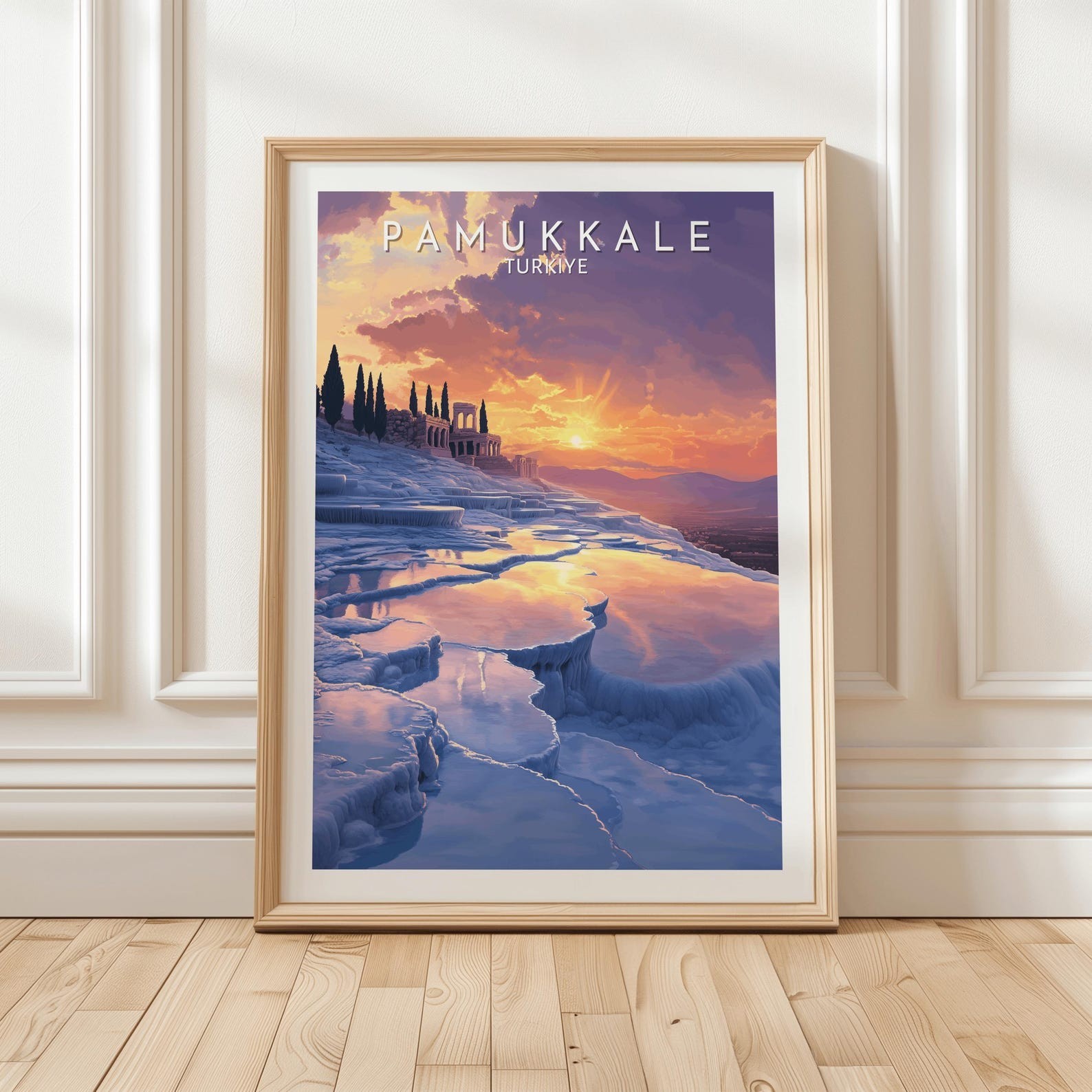 Pamukkale Türkiye Travel Poster with Sunset Glow, Ancient Ruins