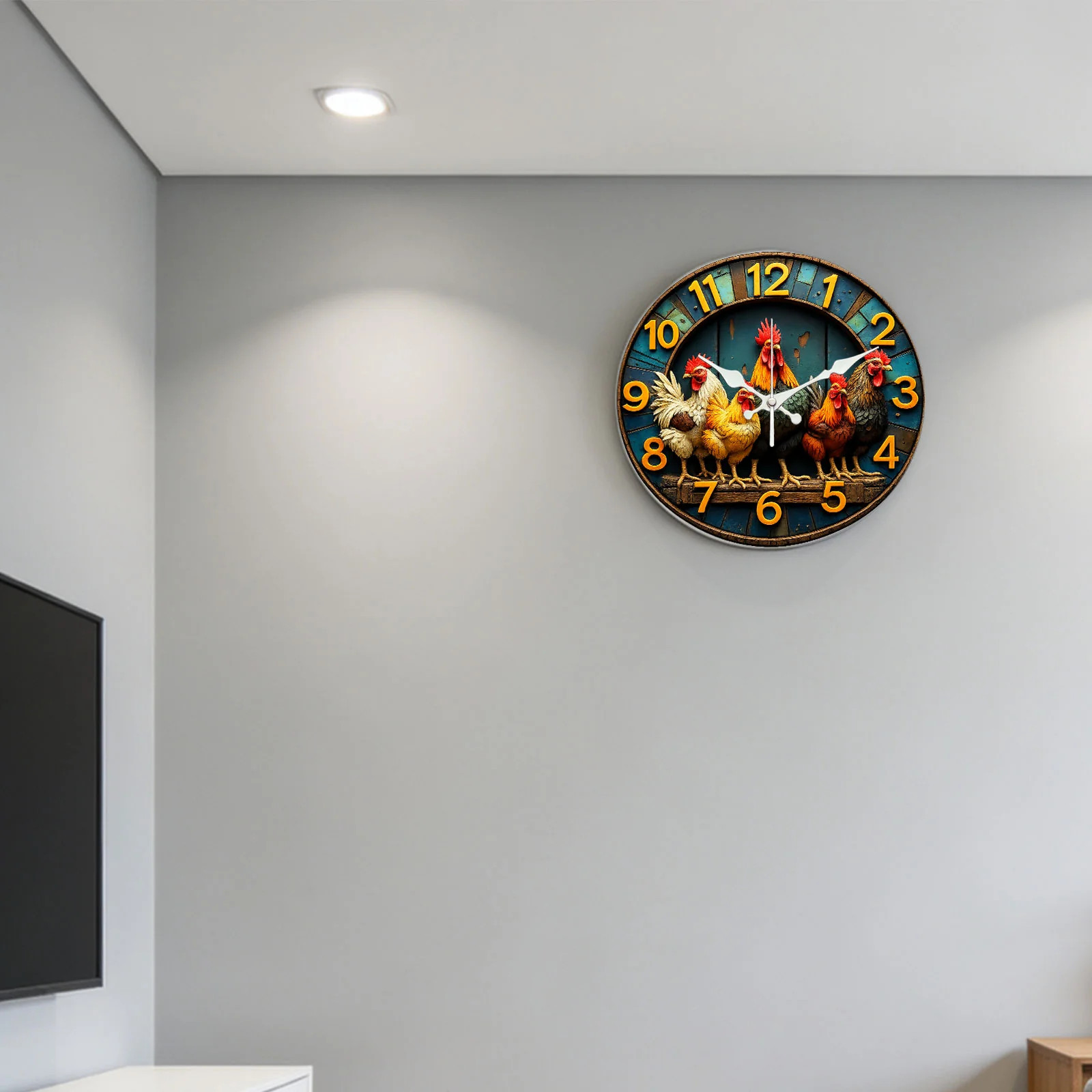 Rooster Pattern Wooden Silent Wall Clock No Battery Holiday Home Decors