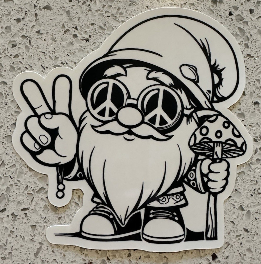 Gnome, Vinyl Die Cut Sticker. Peace sign, mushroom staff, black & white 4″ x 4″