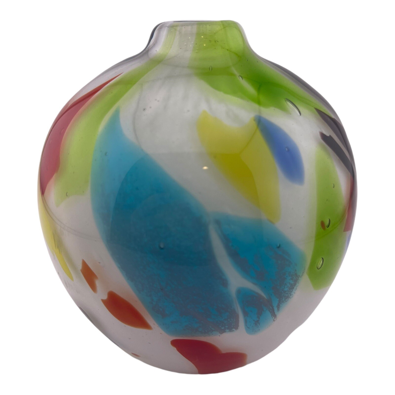 Hand Blown Art Glass Bud Vase Multi Colors Smooth 7” Tall Heavy Good Condition