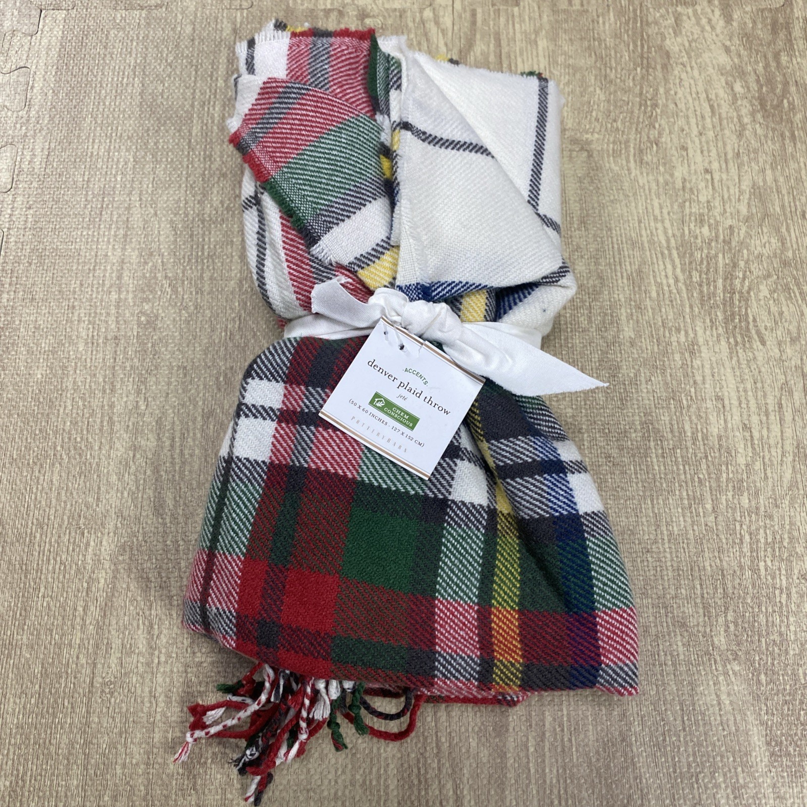 NEW POTTERY BARN CHRISTMAS HOLIDAY DENVER PLAID TARTAN THROW CHEM FREE 50 X 60