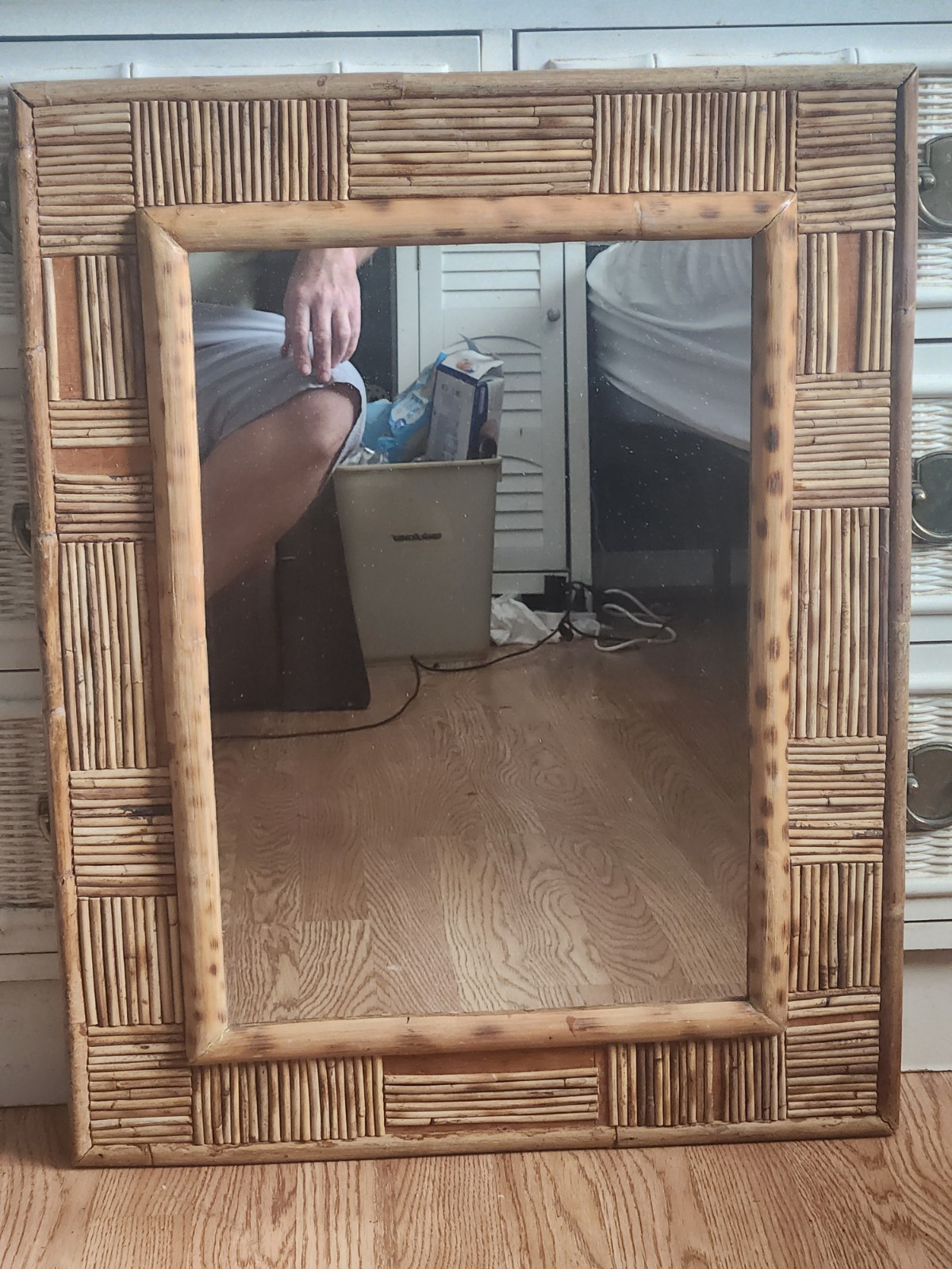 Vintage Coastal Boho MCM Tortoise Bamboo Rectangle Framed Mirror – 27” x 22”
