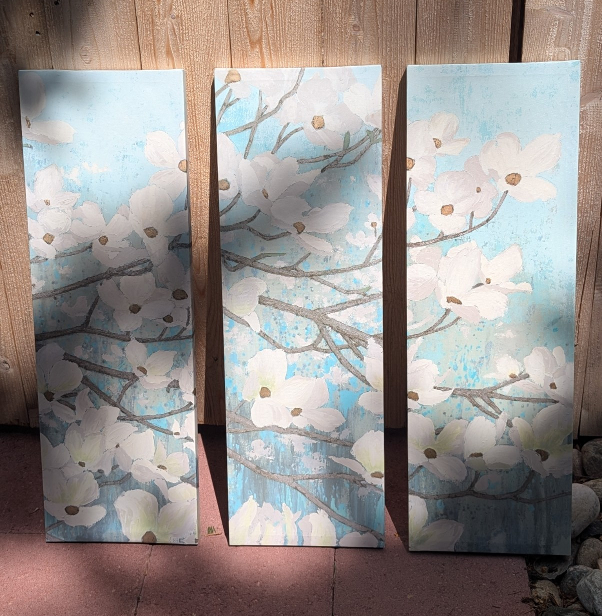 3-Panel Multi-Part Floral Canvas Wall Art, Blue & White Flowers, Vertical