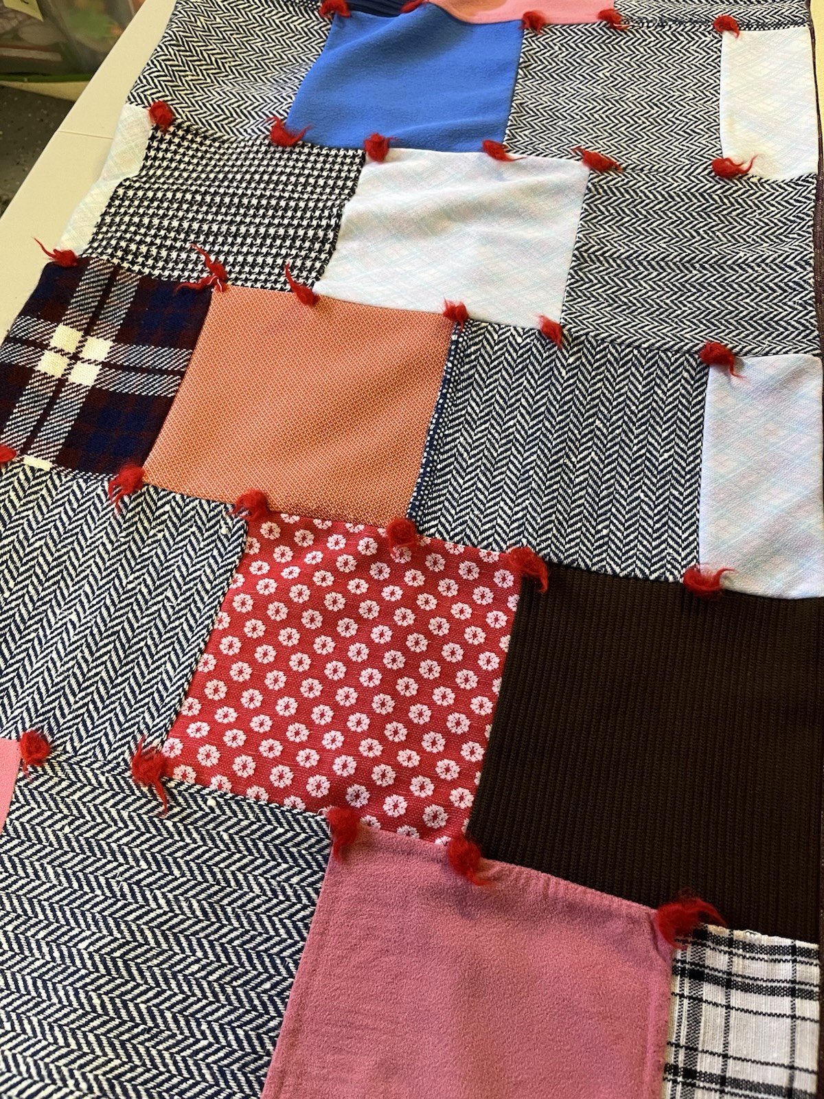 Vintage Patchwork Block Lap Blanket Multi Color Fabric approx 38.5 in x 41.5 in