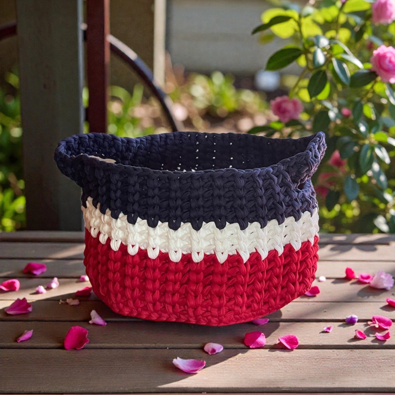 Handmade Crochet Basket Red, White, and Blue Multi-Use Storage With Handles