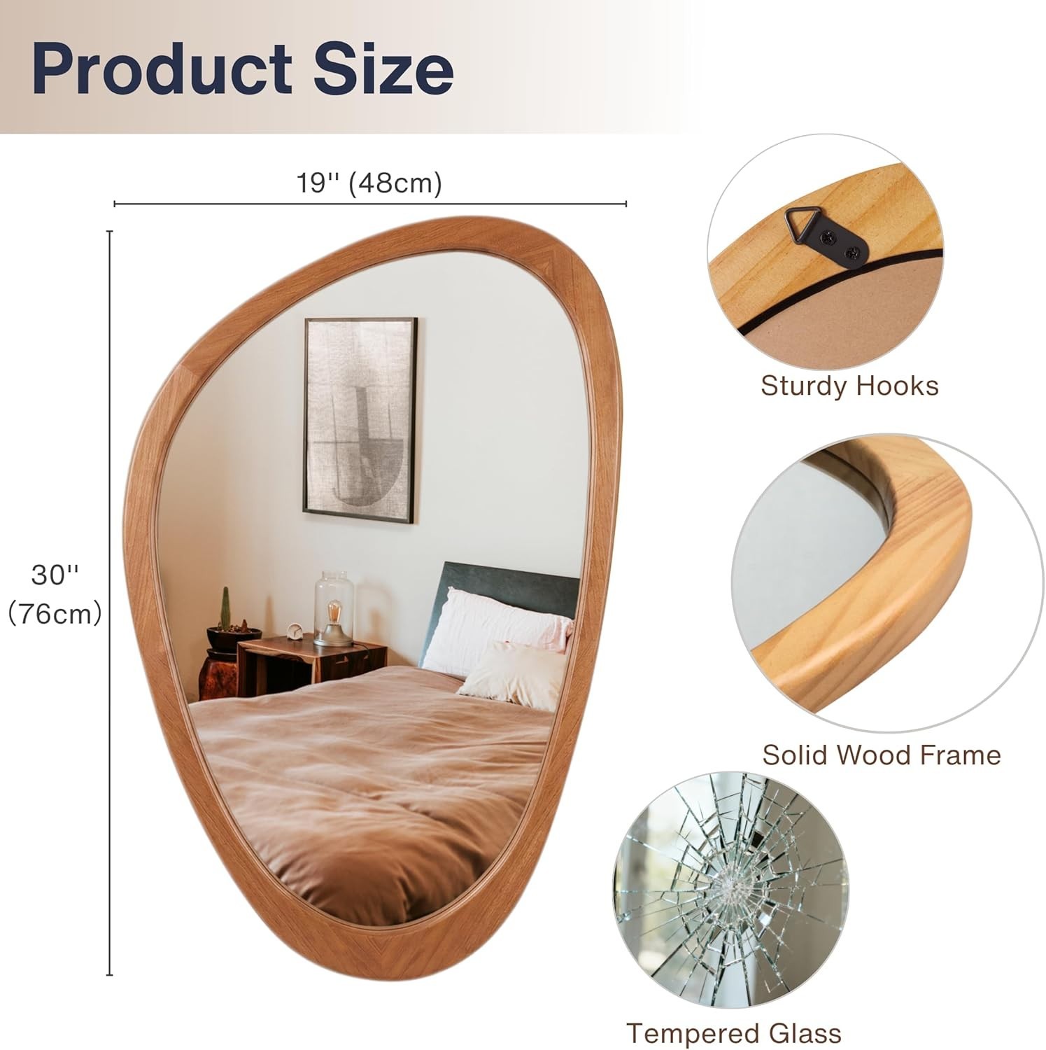 Irregular Wall Mirror 30x19in Solid Wood Frame Tempered Glass Asymmetrical Decor