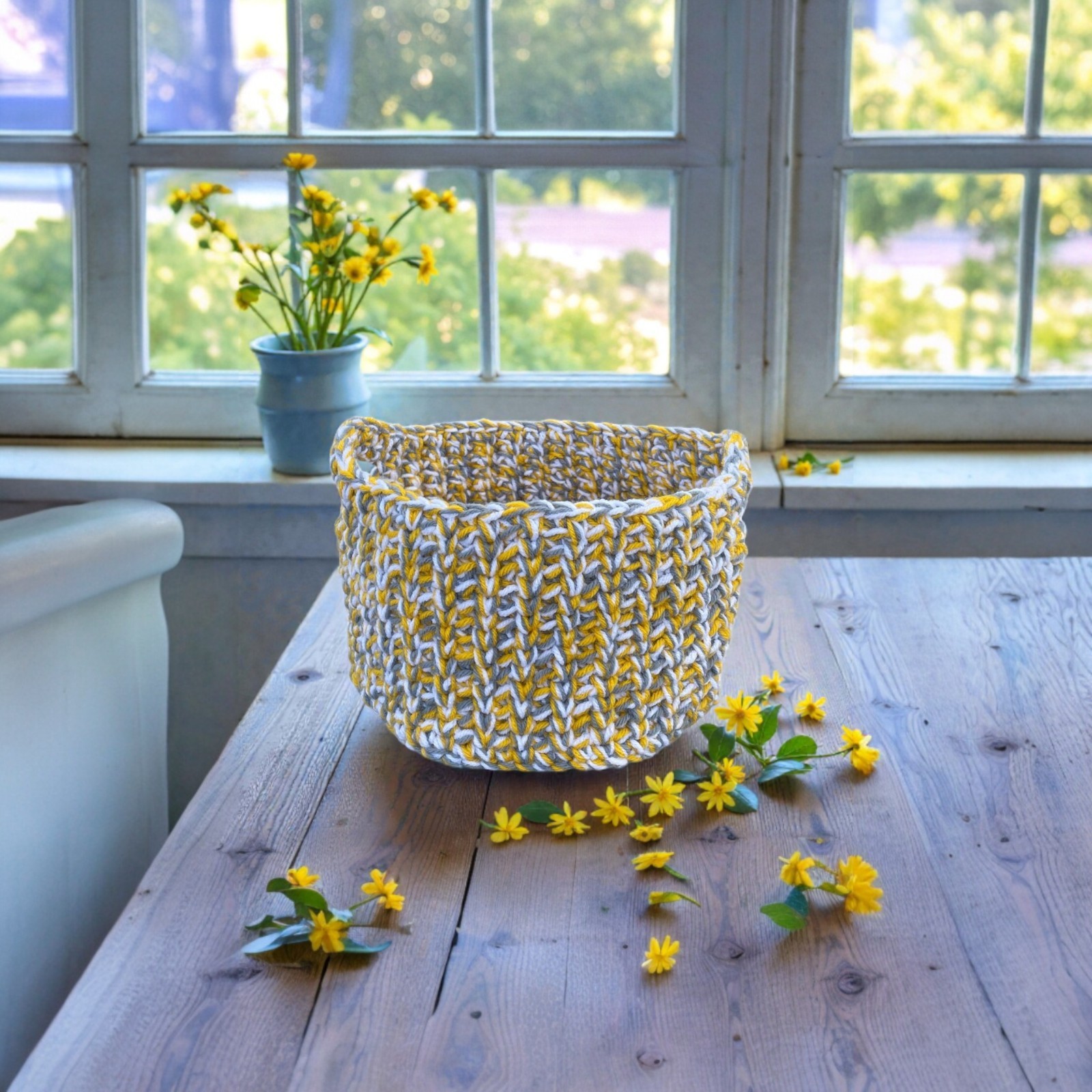 Handmade Crochet Basket Yellow, Gray, and White Multi-Use Storage With Handles