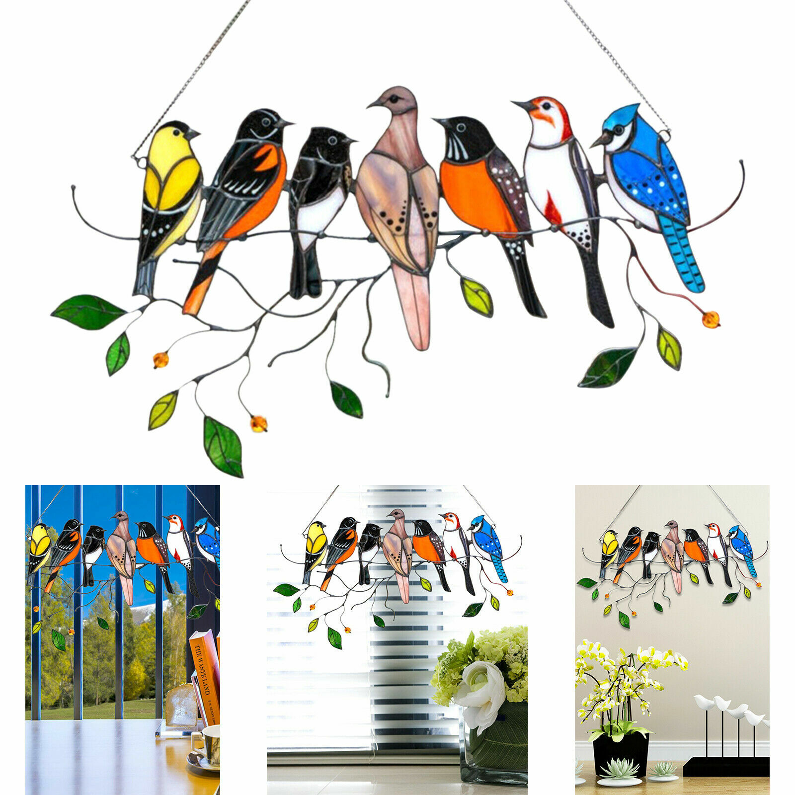Multicolor 7 Birds on a Wire High Suncatcher Window Panel Hanging Home Decor