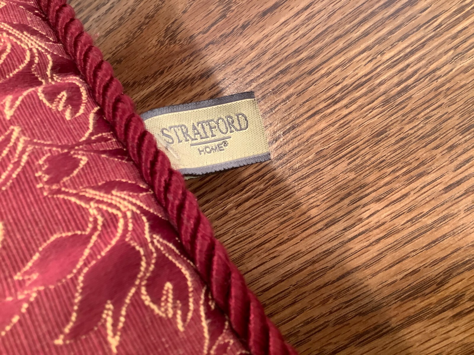 Vintage Stratford Home Throw Pillow Red Floral Tone on Tone Rope Trim 15″ Square