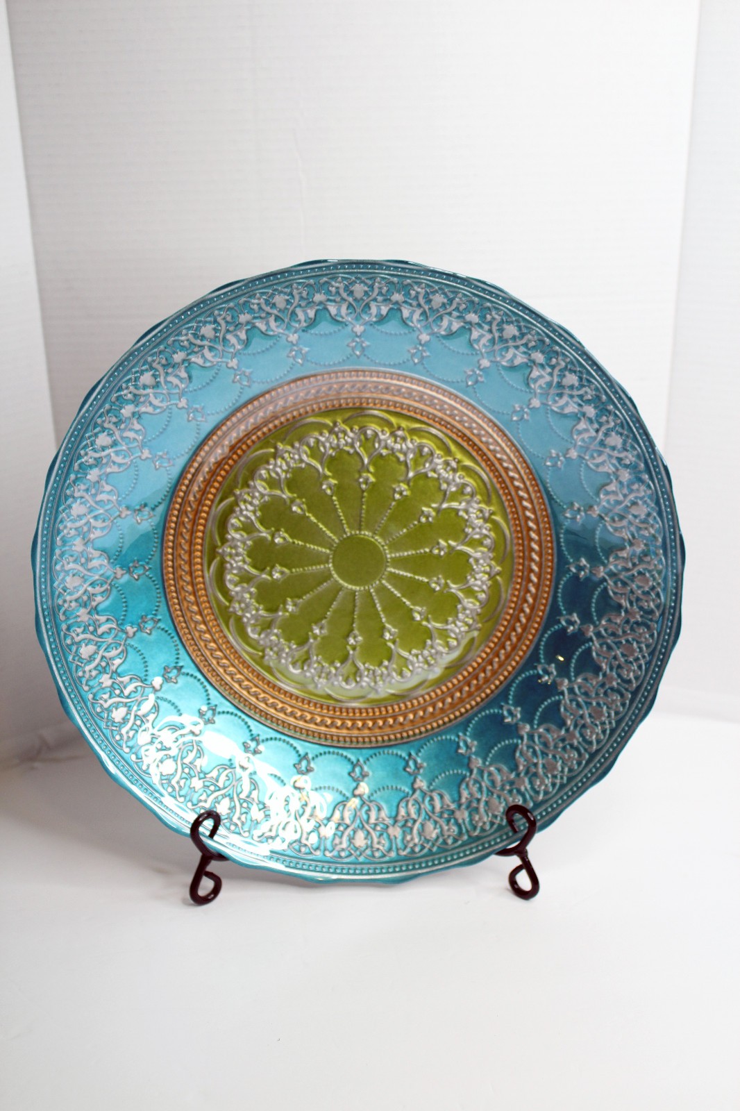 Topkapi Collection Turkish Bowl Reverse Painted Teal, Green and Gold 16”