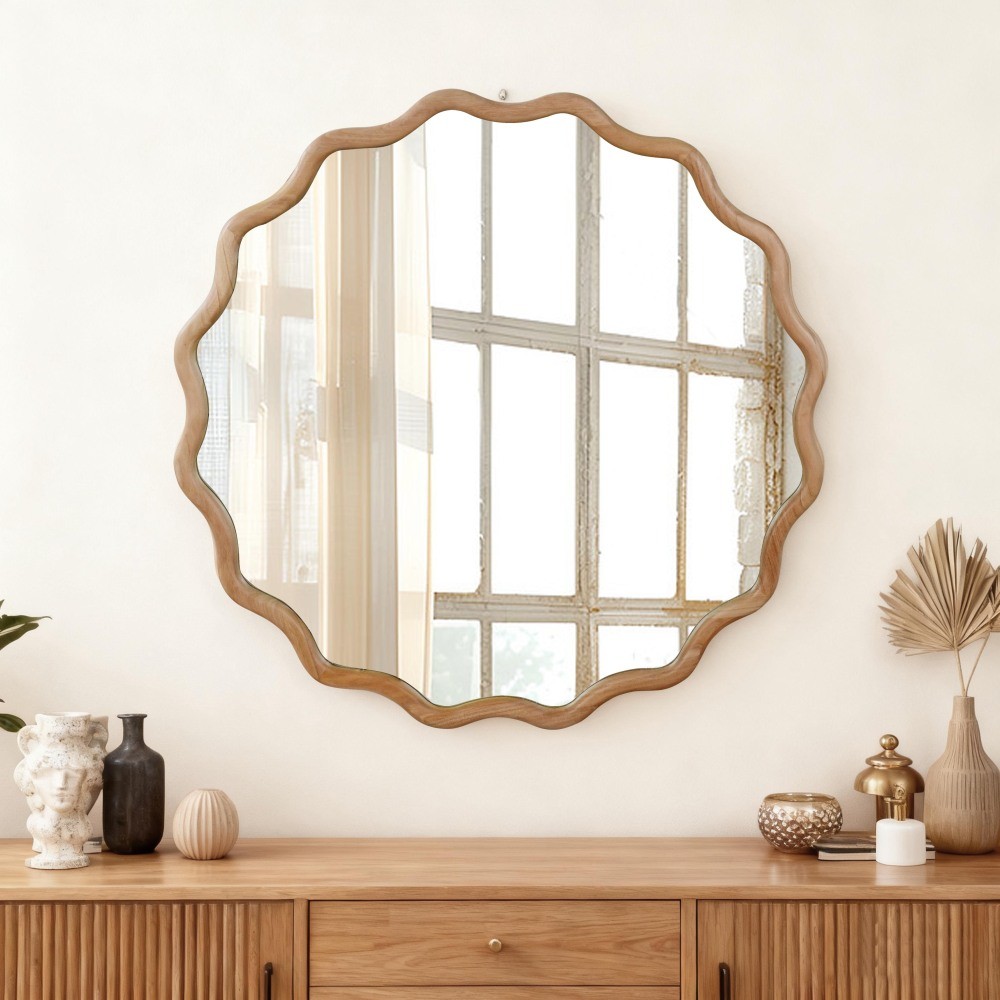 30in Wavy Round Mirror Wood Frame Mid-Century Modern Mirror For Bedroom Bathroom