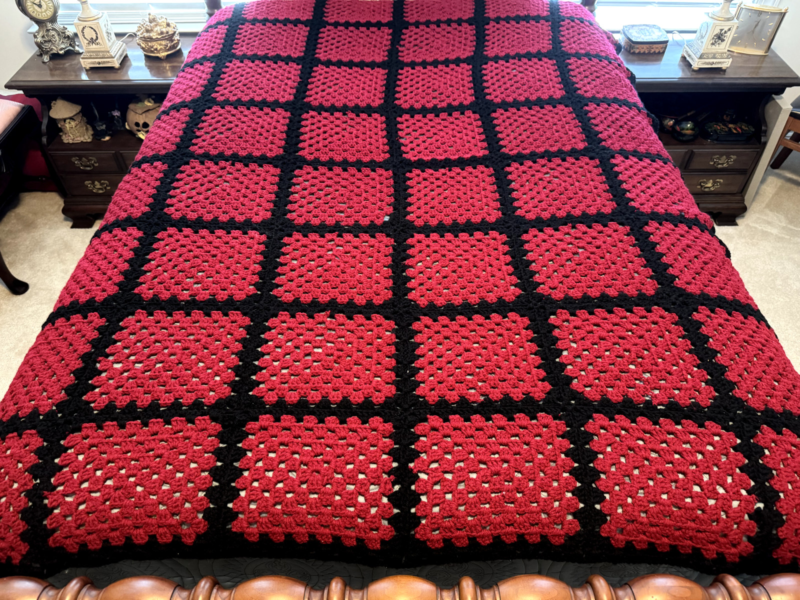 Vintage Crochet Throw Afghan Blanket 60×78 Deep Red Squares Outlined in Black