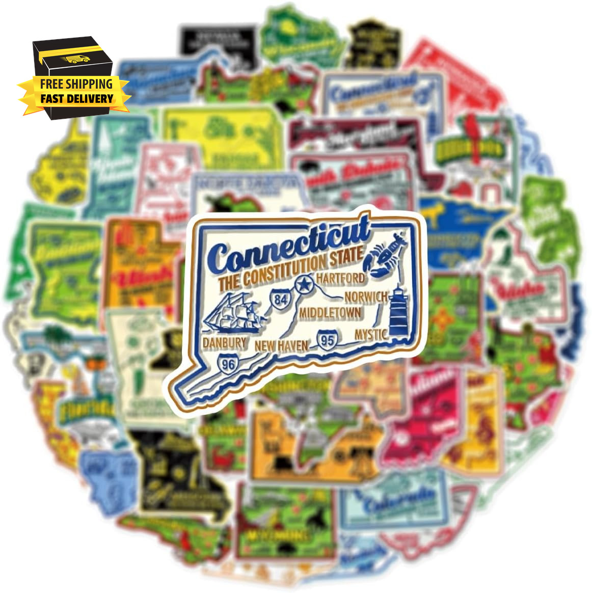 50Pcs United States Map Stickers – Waterproof Vinyl Removable No Residue Sticker