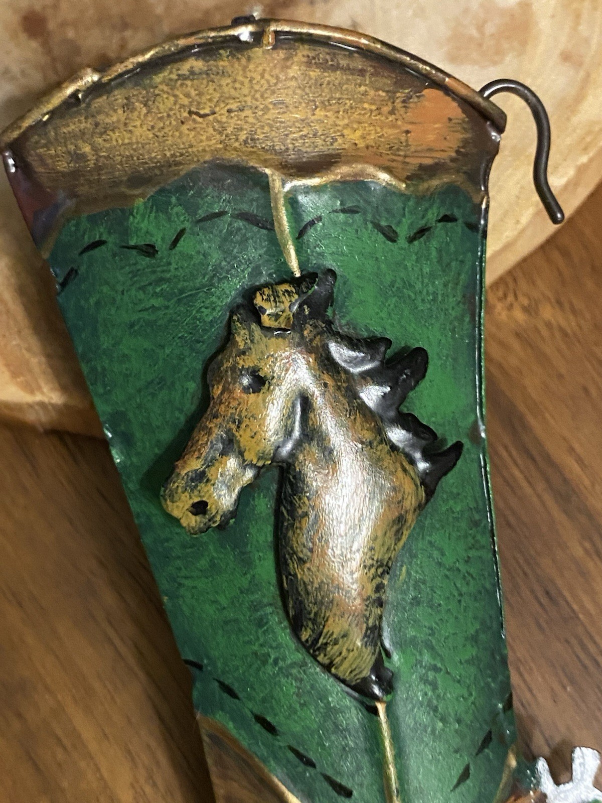 Metal Western Boot Hanging Ornament Spur & Horse Heads Green & Brown 4.25” Tall