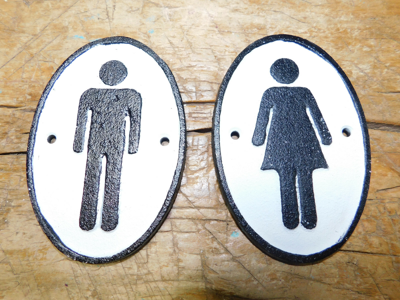 Cast Iron Antique Style Man & Woman Bathroom Decor Figures Wall Plaque Signs