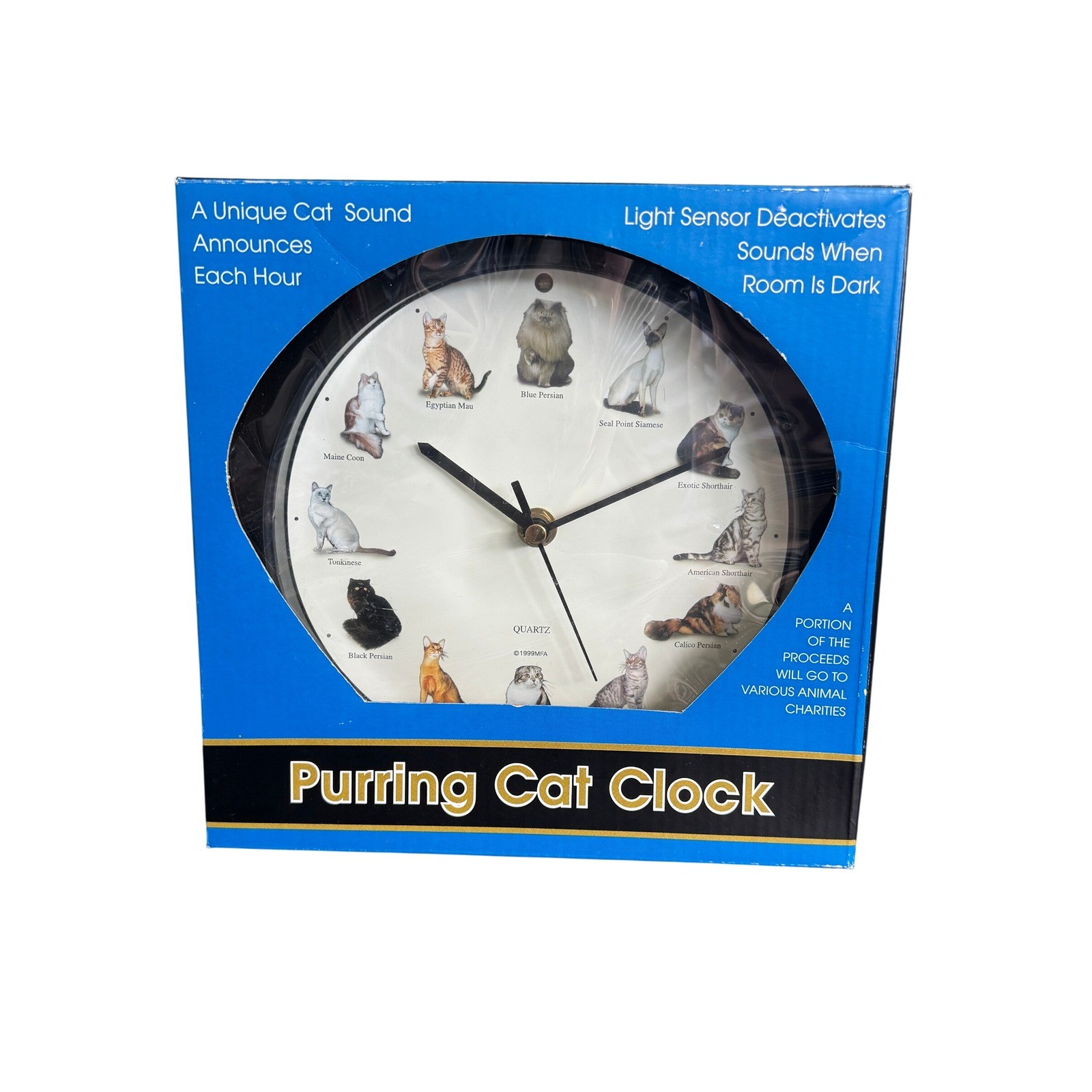 Purring Cat Clock Vintage 1999 MFA Feldstein & Associates Hourly Sounds NIB 10in