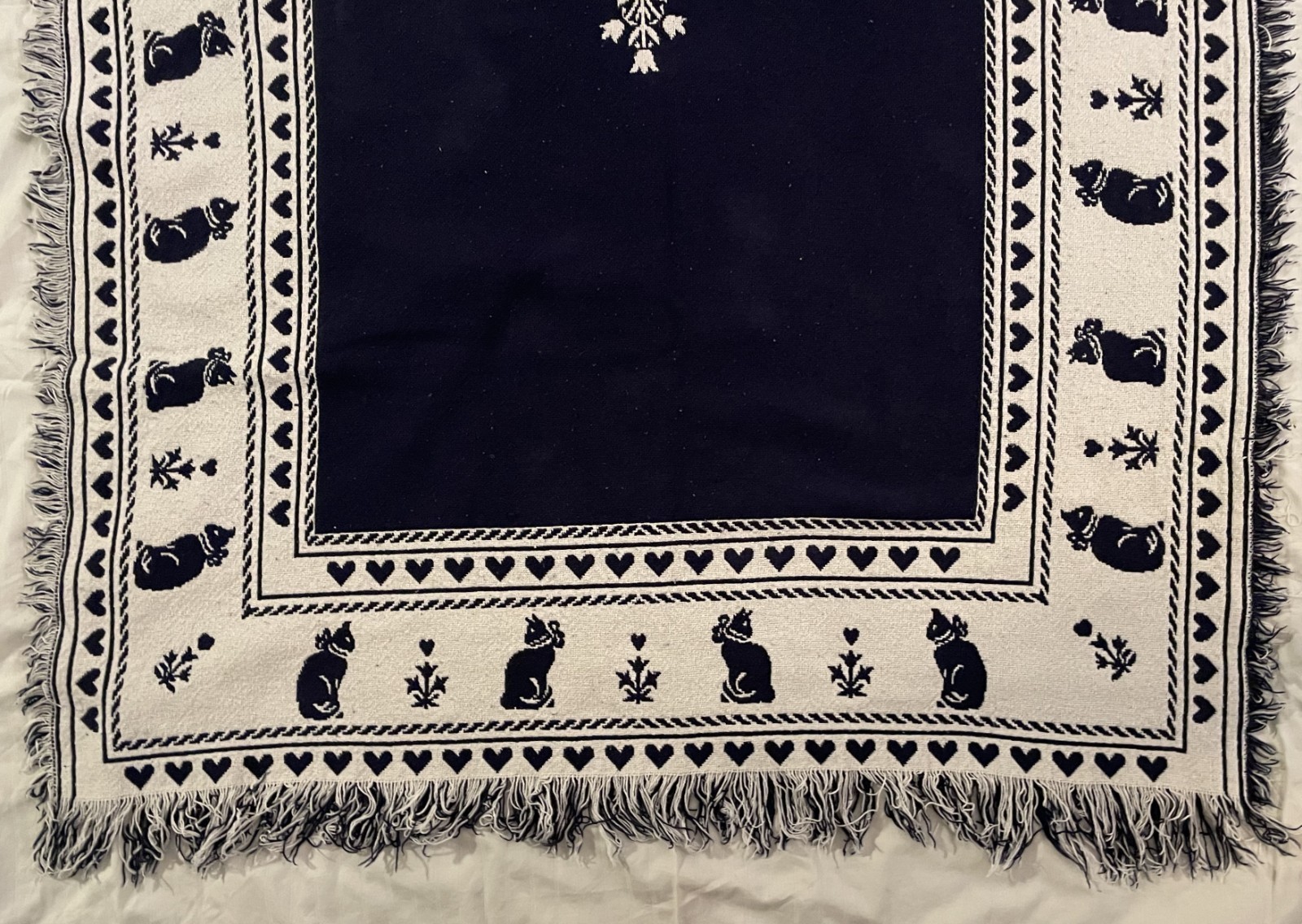 Vintage Cats & Hearts Tapestry Reversible Throw Blanket with Fringe Navy Blue