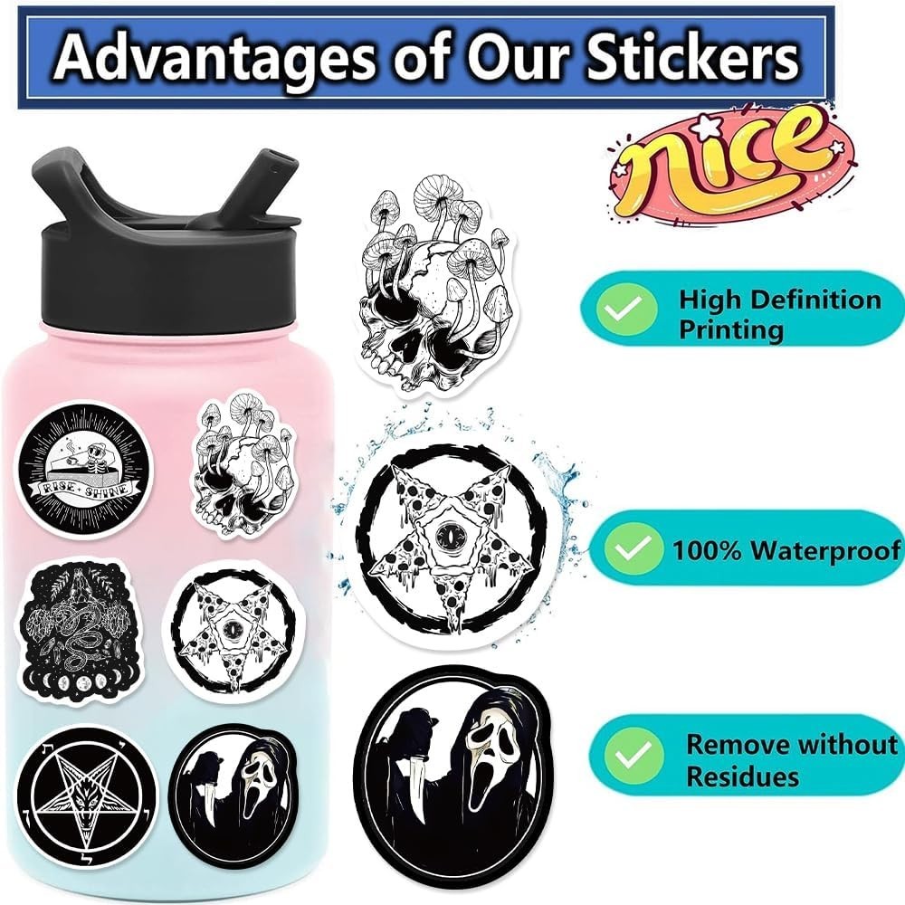 200-Pack Goth Stickers Black & White Waterproof Vinyl Skull Horror Decals for