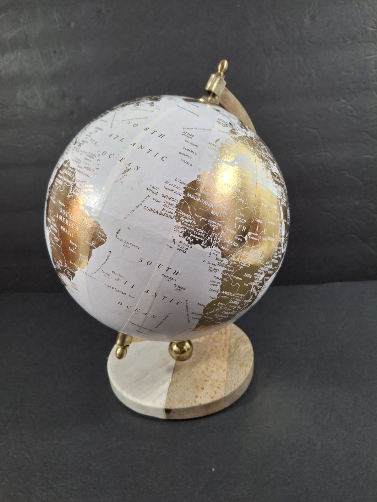 Decorative Desktop World Globe 10-11″ Gold White Marble And Wood Base Vtg