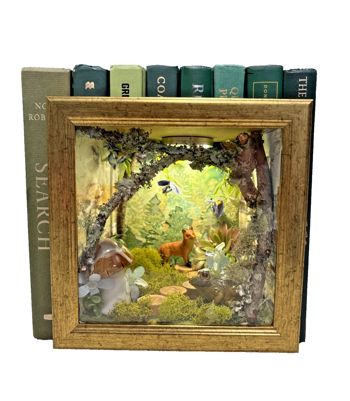 7 GREEN DECORATIVE BOOKS & A FOREST SCENE IN HANDMADE BOOK NOOK DEER FROG MOSS