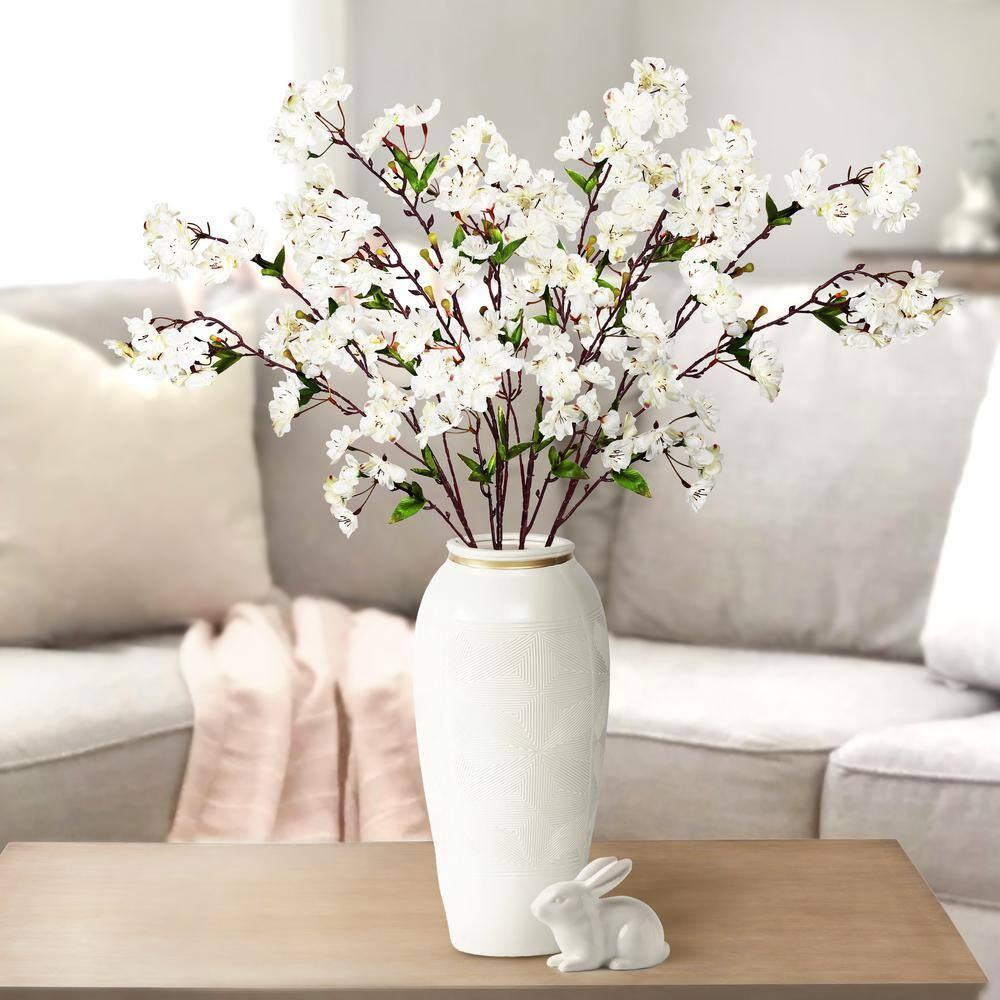 35 In. Cream White Artificial Cherry Blossom Flower Stem Spray (Set of 4)