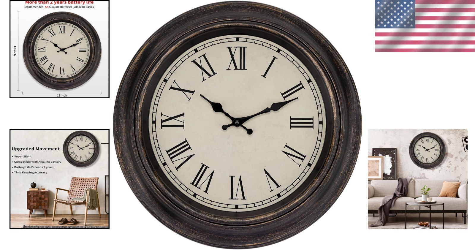 Large 18 Inch Bronze Wall Clock Retro Vintage Silent Non Ticking Battery Oper…