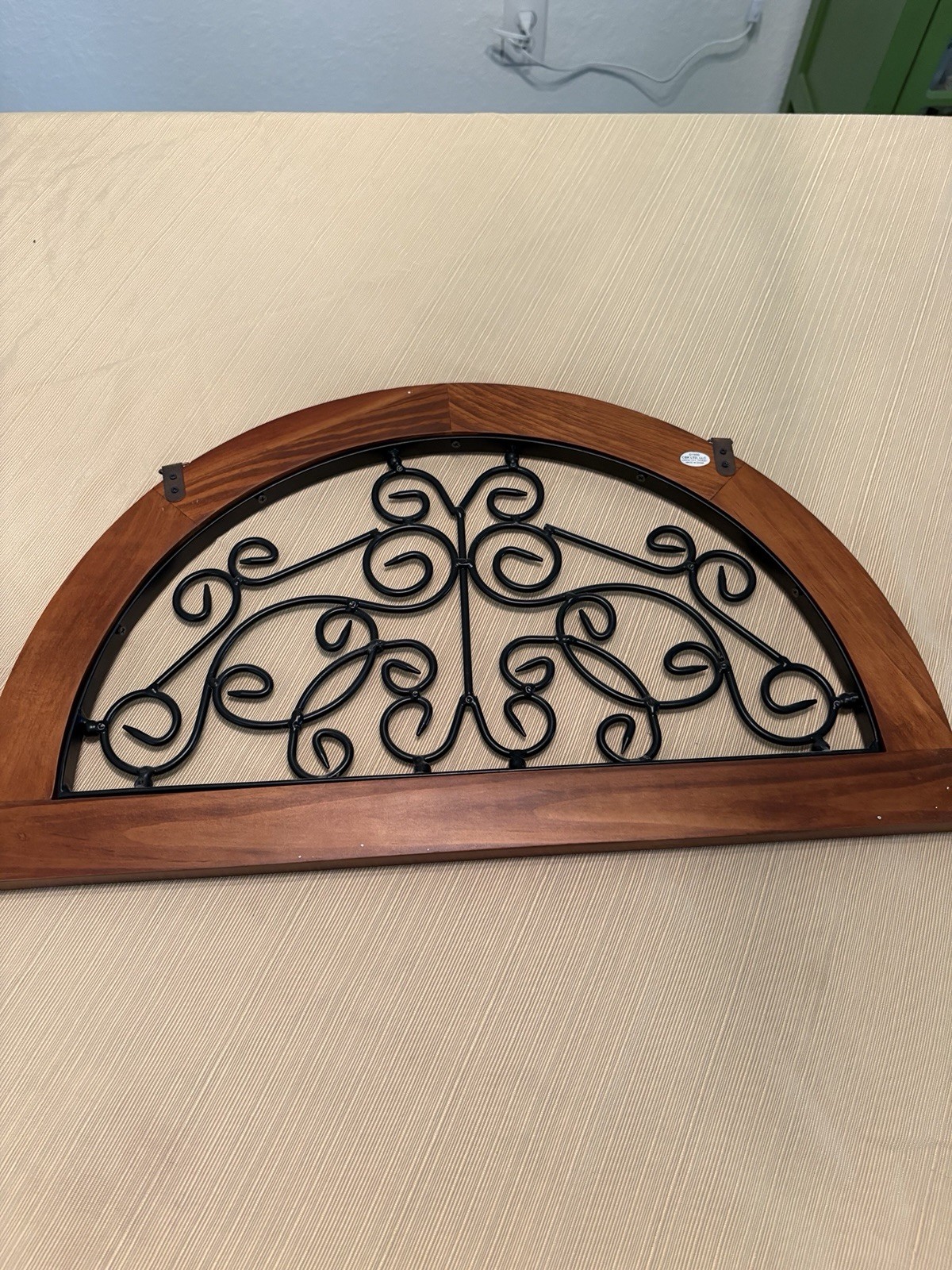 Traditional Arch Wall Decor, Brown Wood Frame w/ Black Metal Scrollwork, 20 in