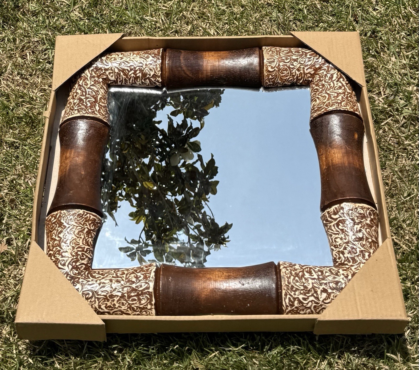 Vintage-Style Bamboo Wall Framed Square Mirror 19”X 19”