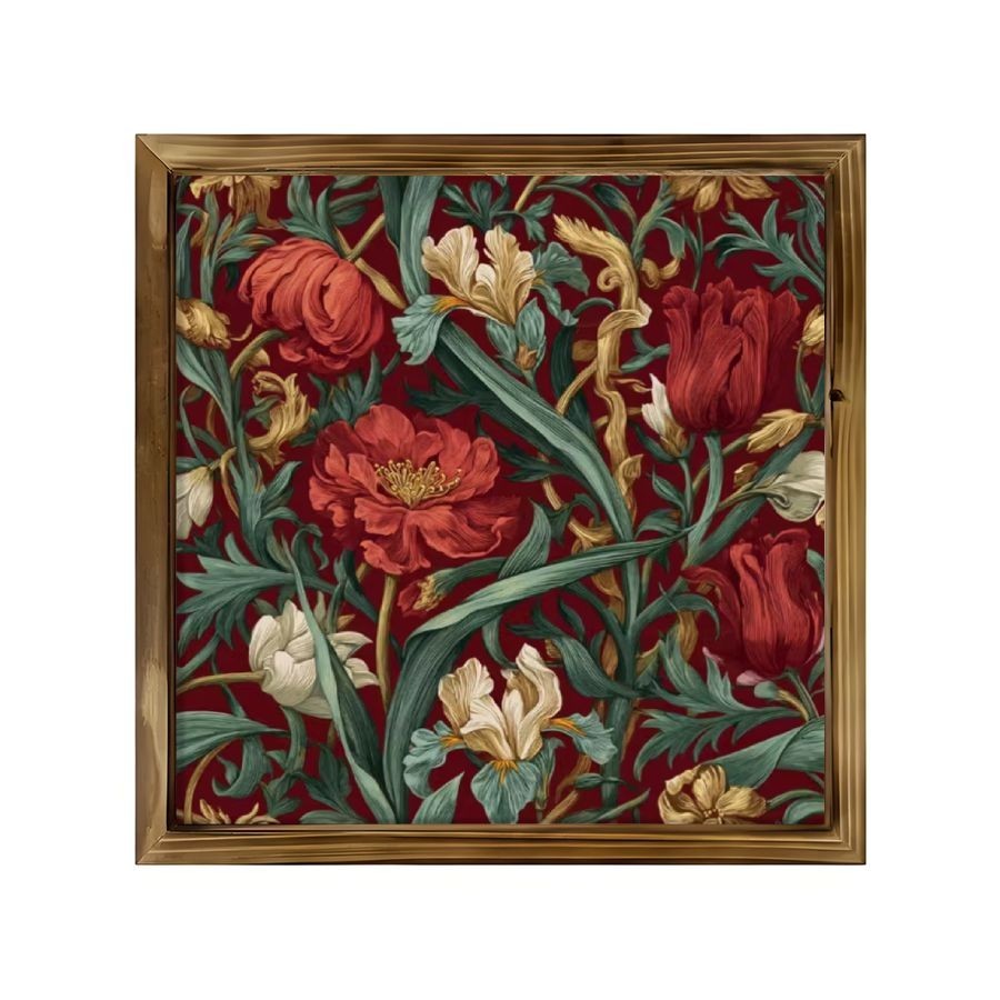 Vintage Red Floral Pattern Wooden Frame Sign Rich Red Green Botanical Wall Art