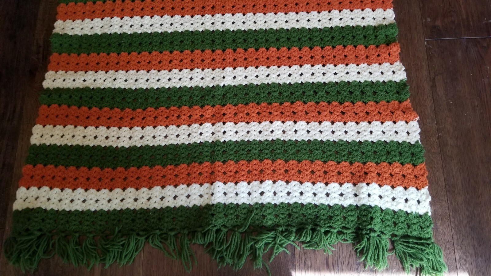 Afghan Blanket Handmade Pattern In Fall Colors Orange Green White 42″ x 68″