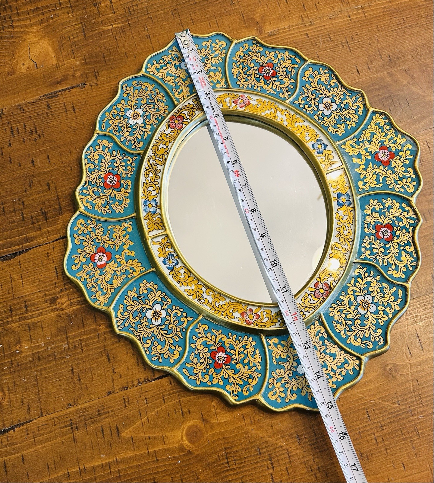 Peruvian Mirror Dimond shape Golden Blue Floral Hand Painted 15”x 13..5”