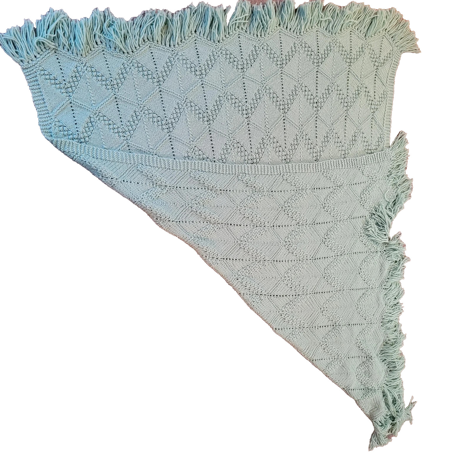 Vintage Hand Knit Aqua Fringed Afghan 52″ x 68″ Warm and Cozy