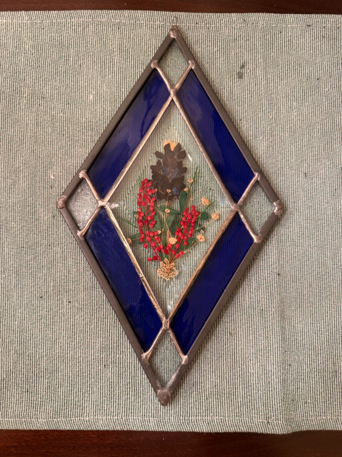 Vintage Diamond Shaped Suncatcher w/Pressed Flowers Colbalt Blue 12″x7″