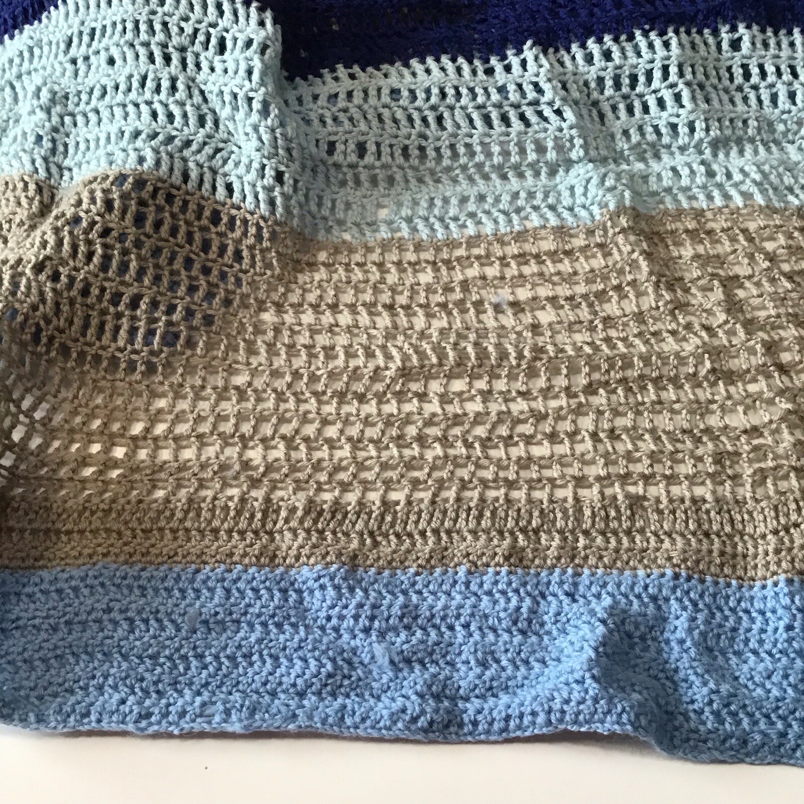 Throw Blanket Handmade Crochet 100% Wool Brown Blue Colorblock Striped Folk Art