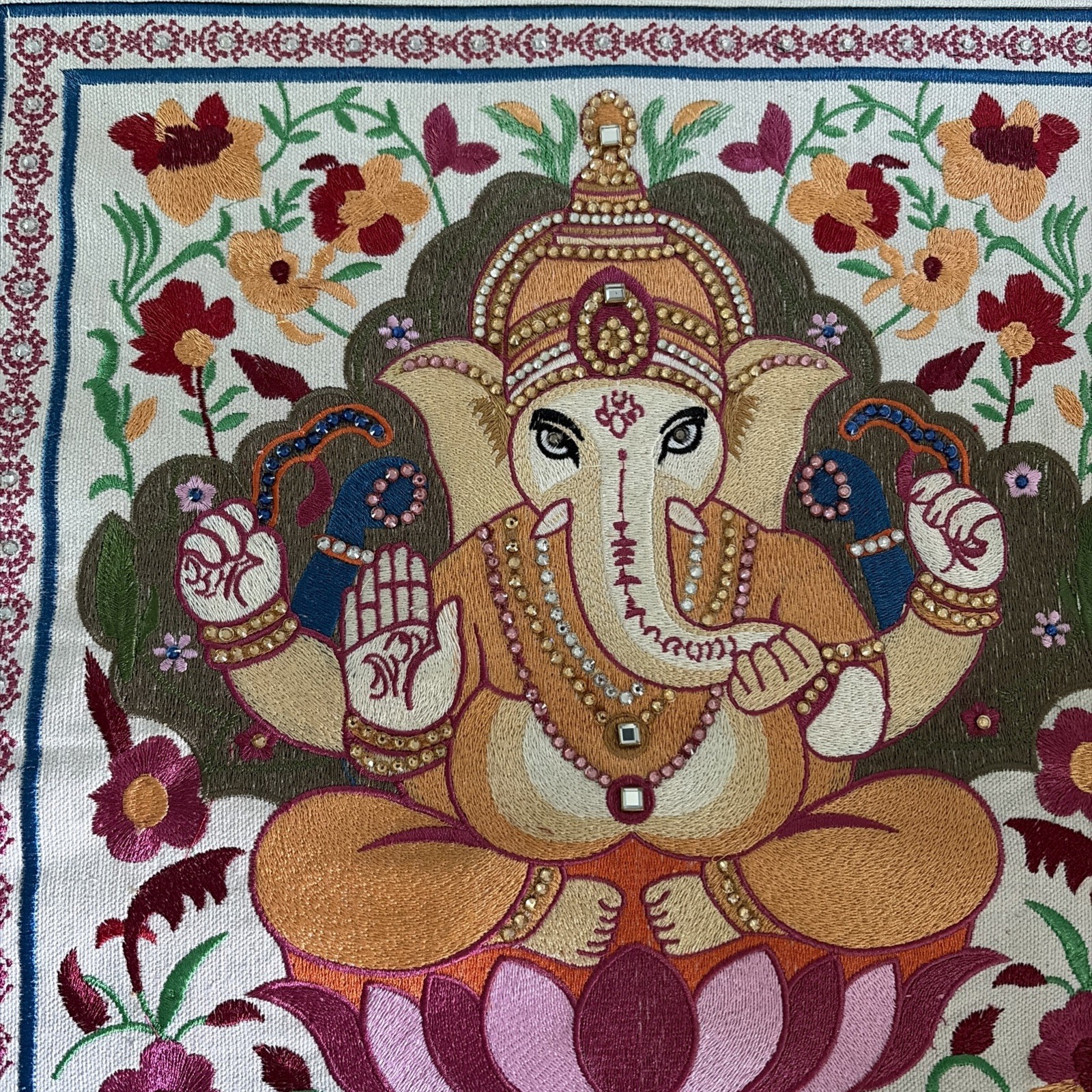 Ganesha Canvas Silk Thread Wall Hanging With Rhinestones