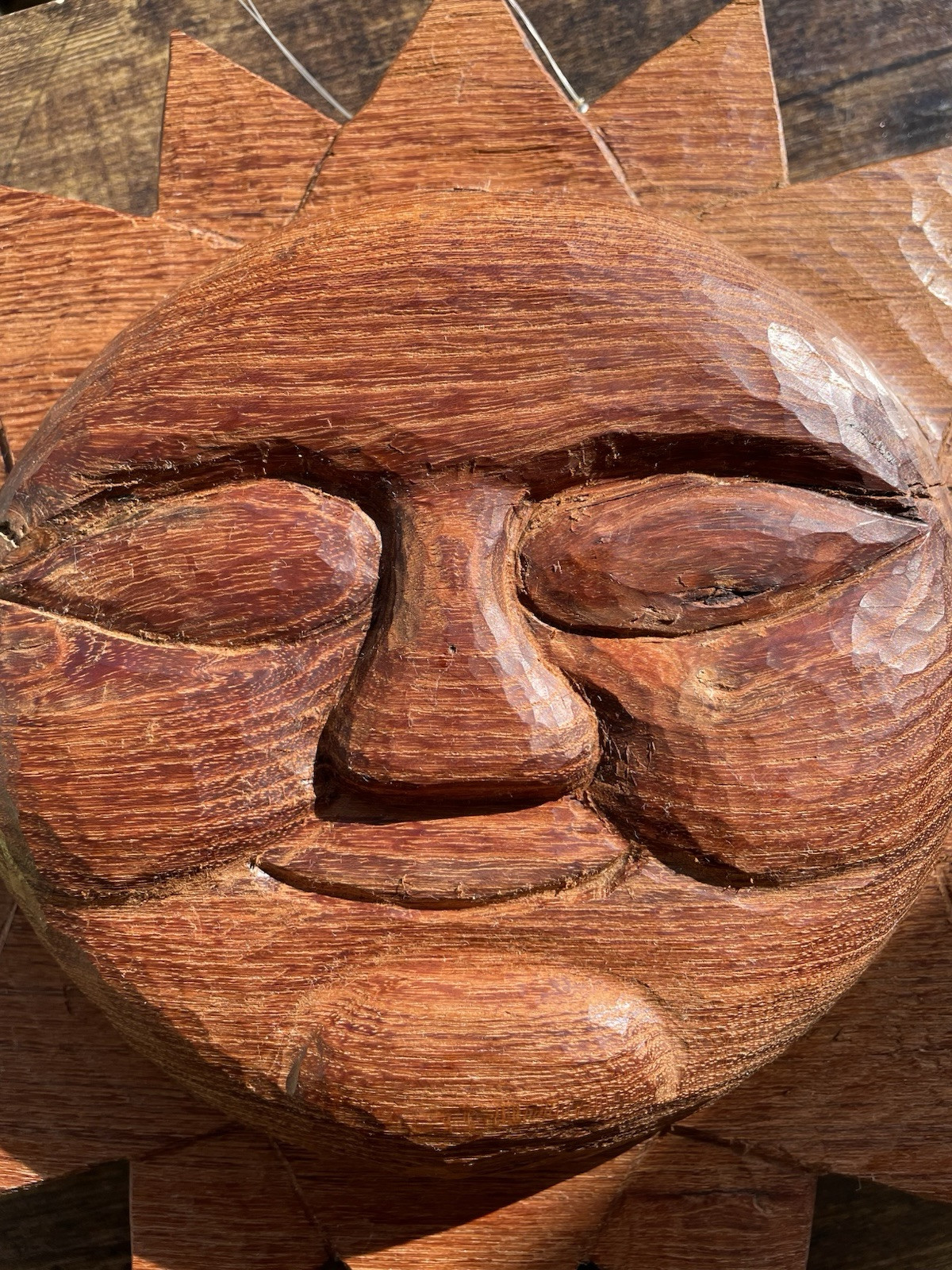 Carved Hard Wood Sun Face 3D Wall Hanging Double Sided Decorative