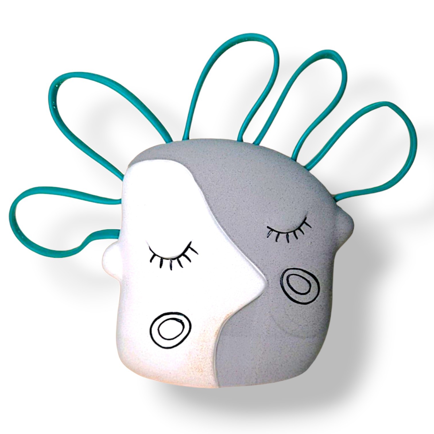 Modern Abstract Face Planter Vase Ceramic Two-Tone Grey White Teal Wire Accent