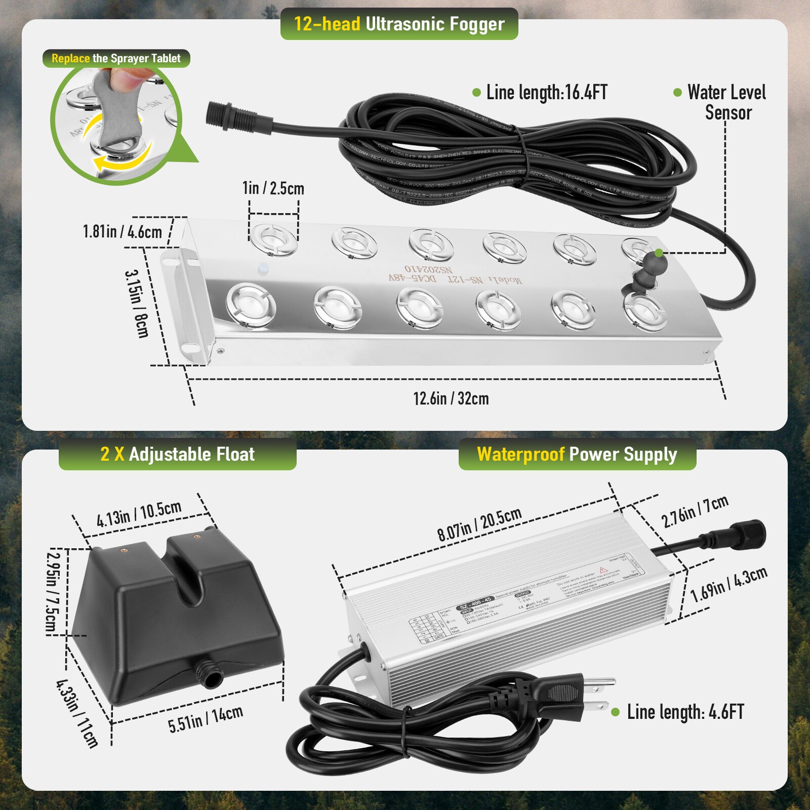 12 Head Ultrasonic Fogger Mist Maker 9000mL/H Ultrasonic Fogger Waterproof Power
