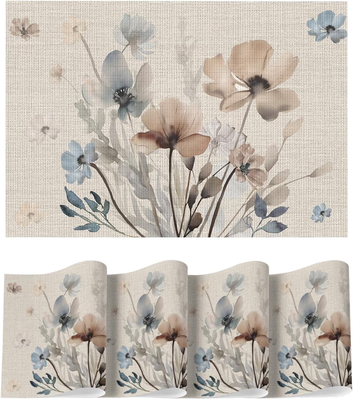 Brown Poppy Floral Vinyl Plastic Placemats Set of 4, Washable Non-Slip PVC Table