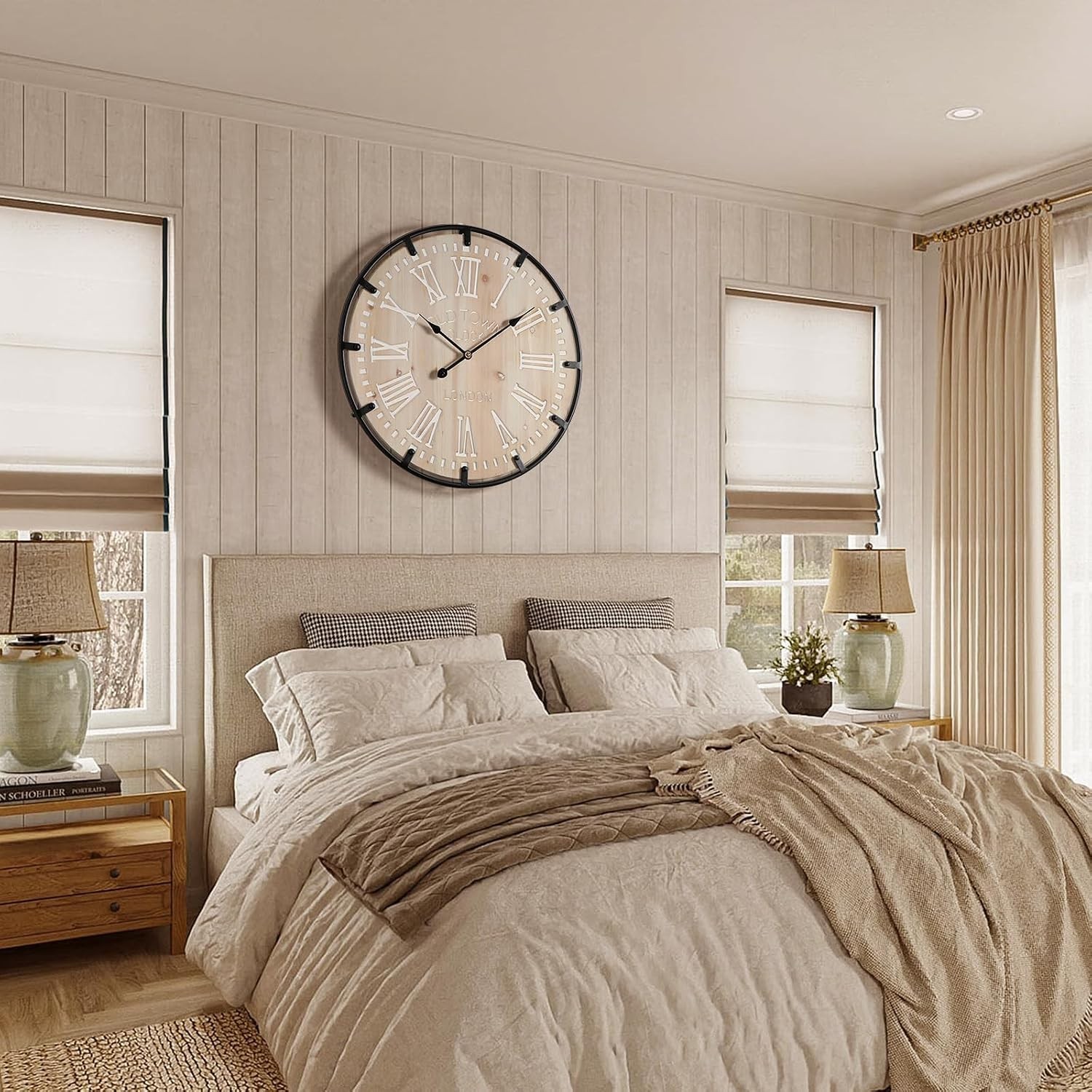 24-Inch Farmhouse Analog Wall Clock – Large Roman Numerals, Silent Operation