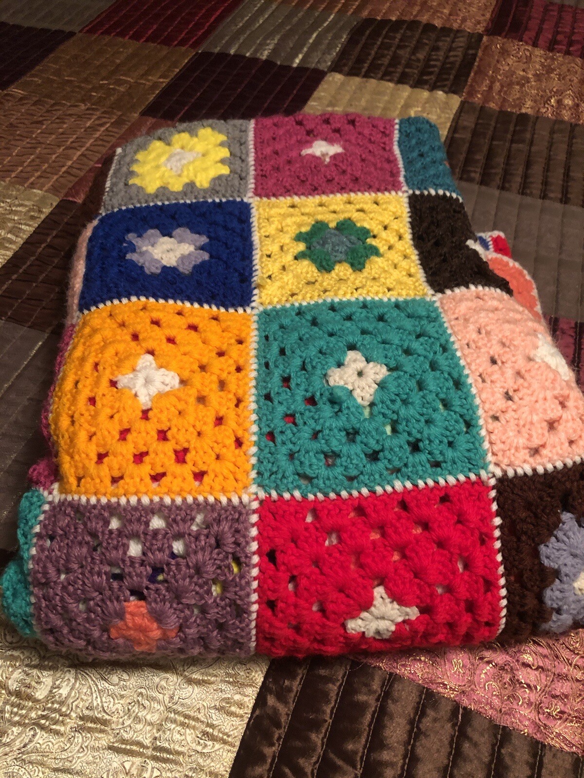 6780 ROSANNE Hand Crocheted Throw Spread Afghan Colorful Granny Square 58” X 76”