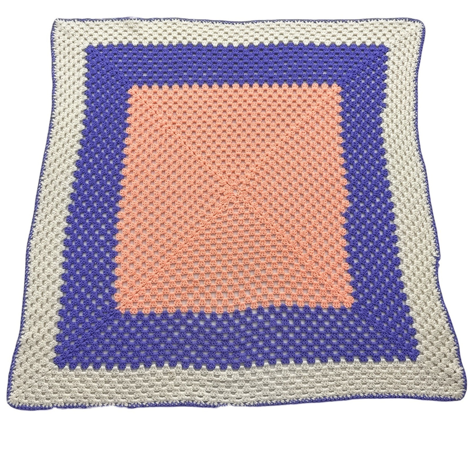 Handmade Crochet Granny Square Blanket Peach Purple Cream Colorblock Throw 45×43