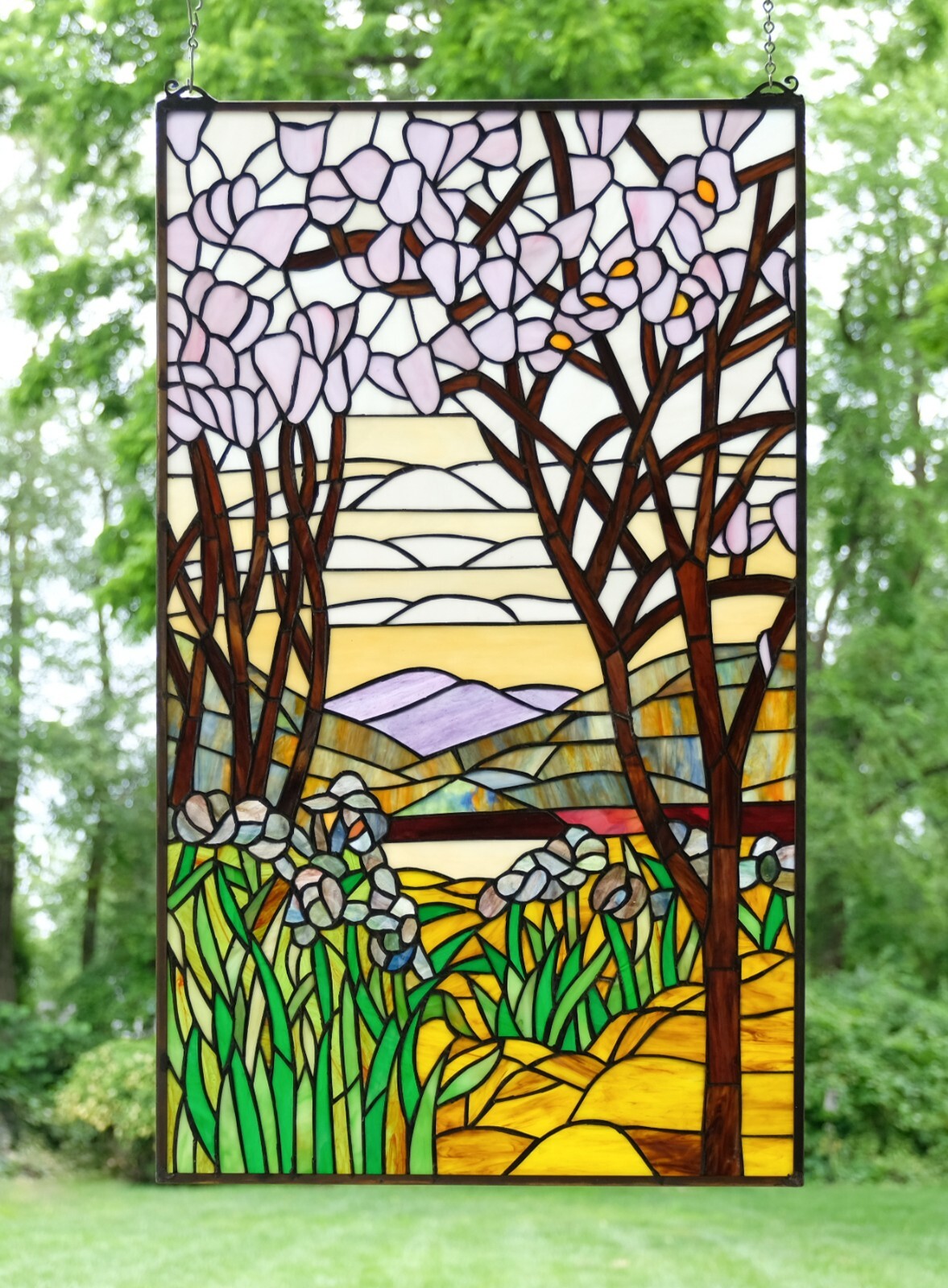 20″ x 33.5″ Tiffany Style stained glass window panel Dawn in Valley. TMM31