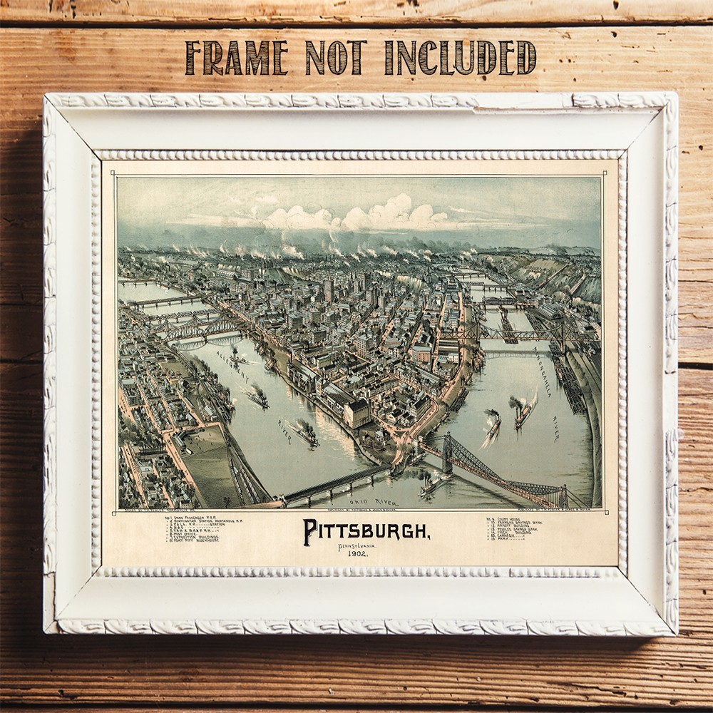Pittsburgh Pennsylvania 1902 Birdseye View Map Historic City River Bridge Print
