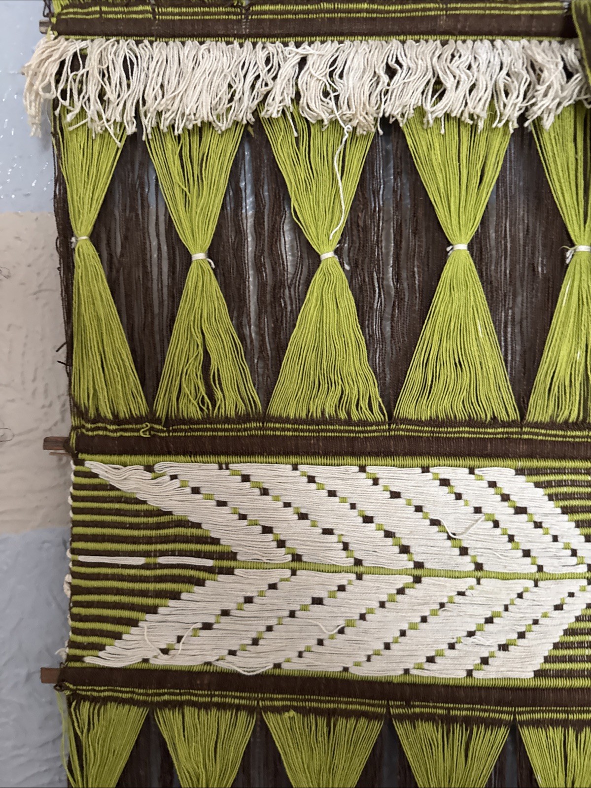 Vintage 70s Handwoven Fiber Art Wall Hanging 33.5”x 61” Approx/Boho MCM textile