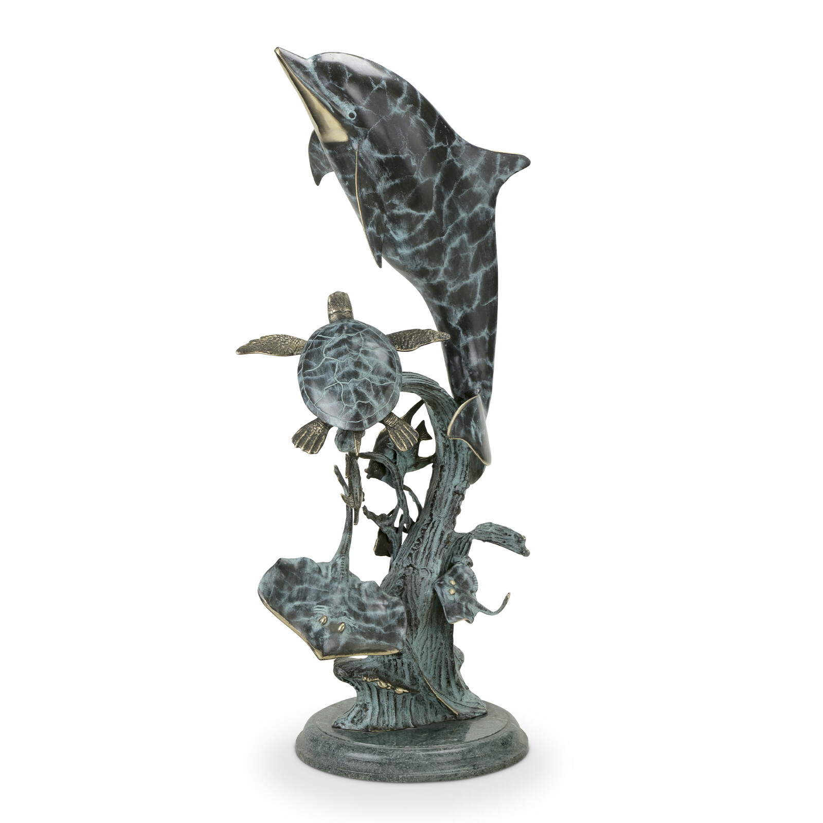 Dolphin Seaworld Sculpture Brass Marble Nautical Ocean Sealife Statue 29In H