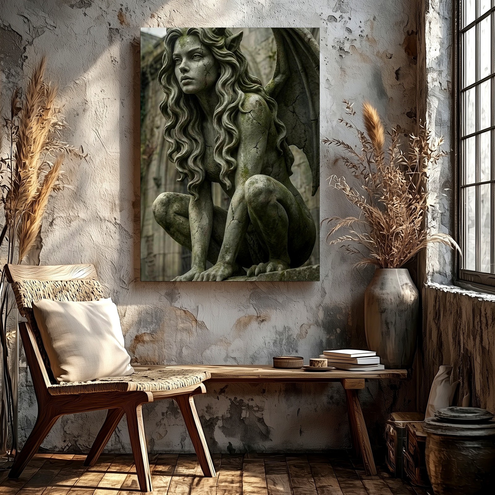 Wall Art Gothic Gargoyle Statue Print Winged Demon Woman Dark Fantasy Decor