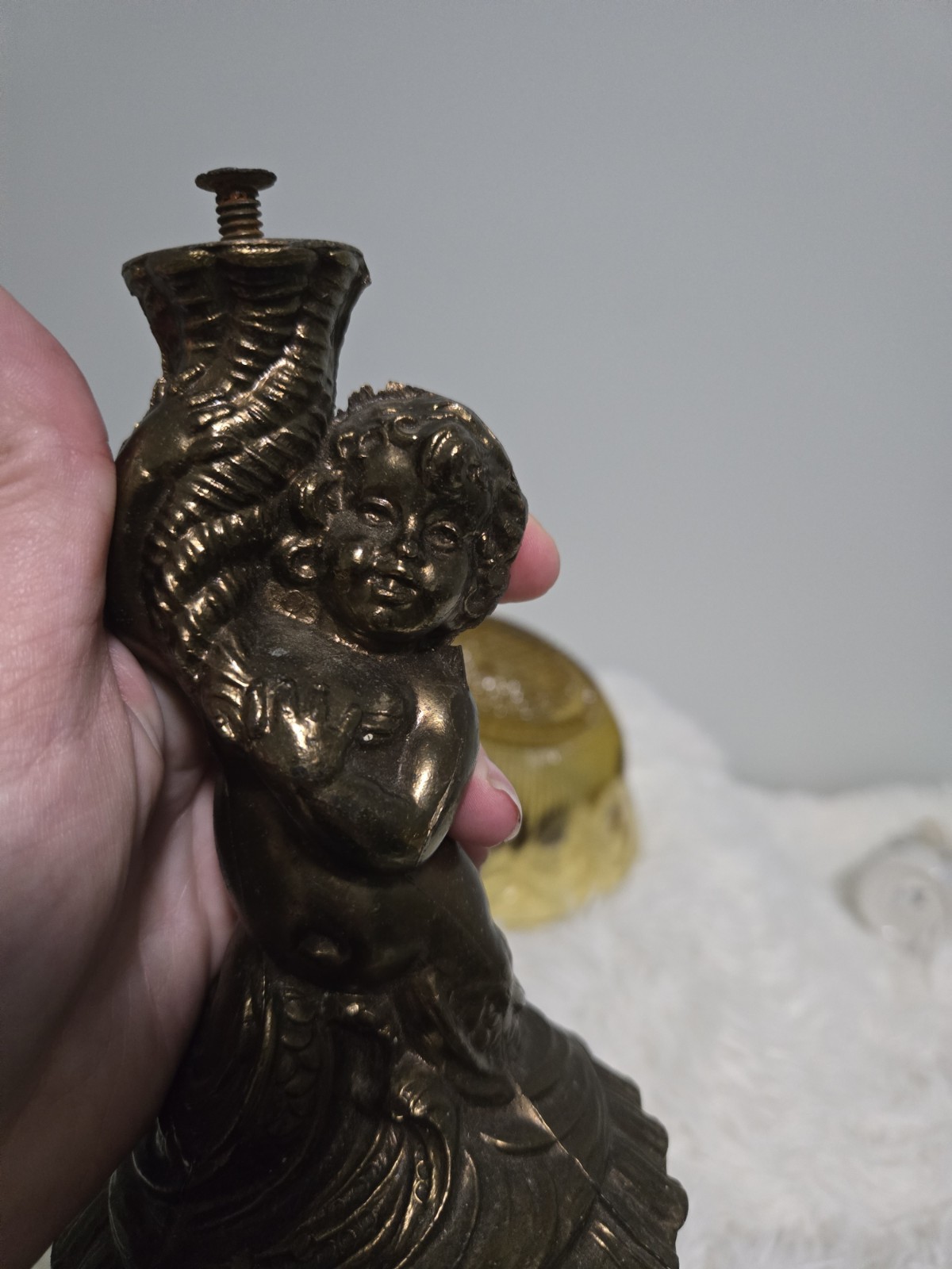 Antique Amber Pressed Glass Compote Pedestal Bowl Cherub Bronze Metal Base