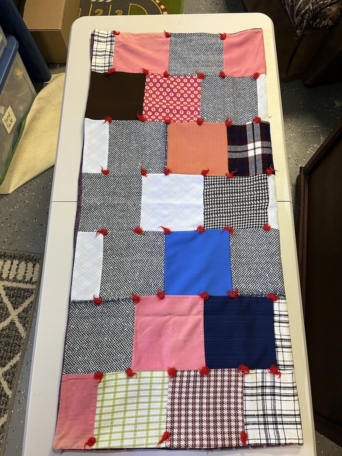 Vintage Patchwork Block Lap Blanket Multi Color Fabric approx 38.5 in x 41.5 in