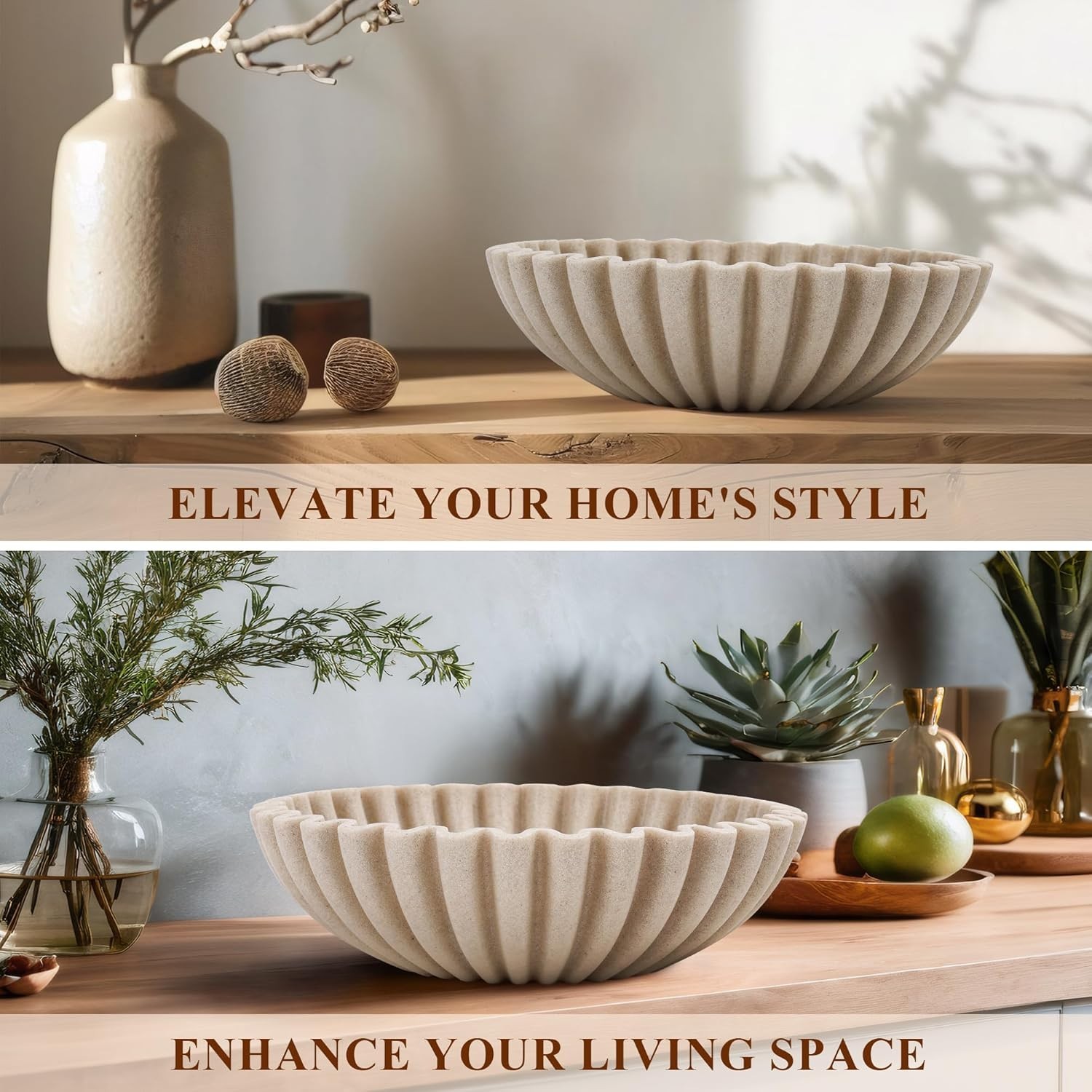 10″ Fluted Decorative Resin Bowl Neutral Sandstone Centerpiece Fruit Bowl Modern